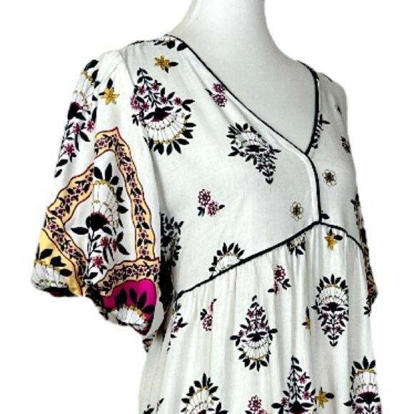 Fig + Flower New Midi Dress V-neck Puff Sleeve Cream Multi Women’s Size Small - Picture 5 of 13